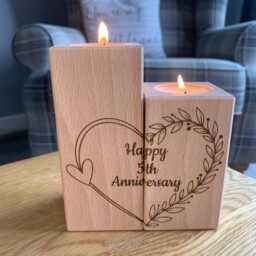 Set Of Two Wooden Tea Light Holder - Happy 5Th Anniversary Heart - Gift Wedding 5 Year - thumbnail 1