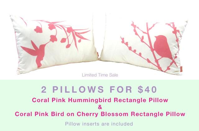 Coral Pink Bird & Hummingbird Pillows Asian Inspired Cotton Set - image 1