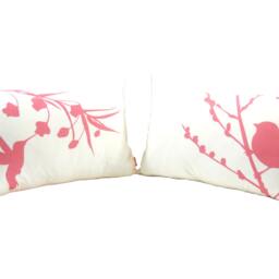 Coral Pink Bird & Hummingbird Pillows Asian Inspired Cotton Set - thumbnail 4