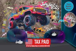 Wallpaper, Personalised Monster Truck Wall Mural, Gaming Room Decor, Peel & Stick - thumbnail 1