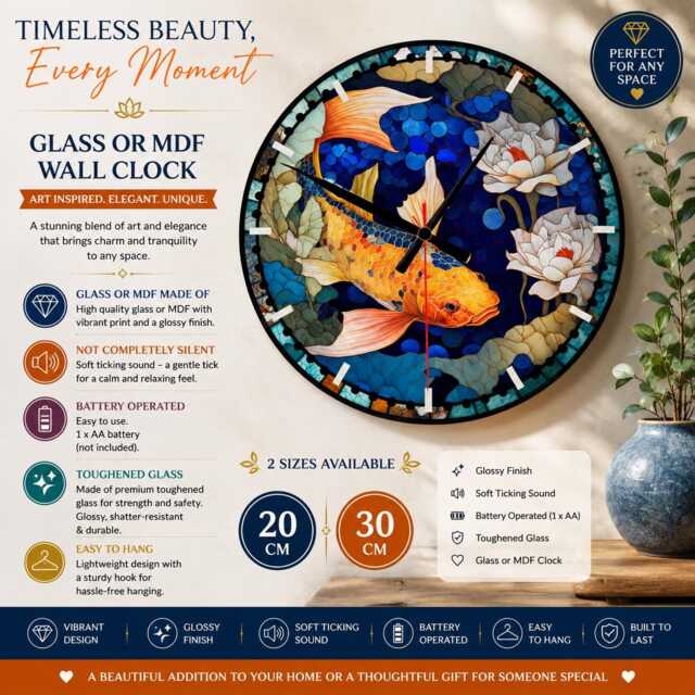 Japanese Koi Fish Glass Or Mdf Wall Clock Faux Stained Design - image 1