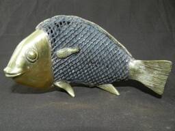 Solid Bronze & Black Patinated Xxl Fish Sculpture Carp - African Art 28 cm Long - 11.02 Inch Christmas Gift Idea