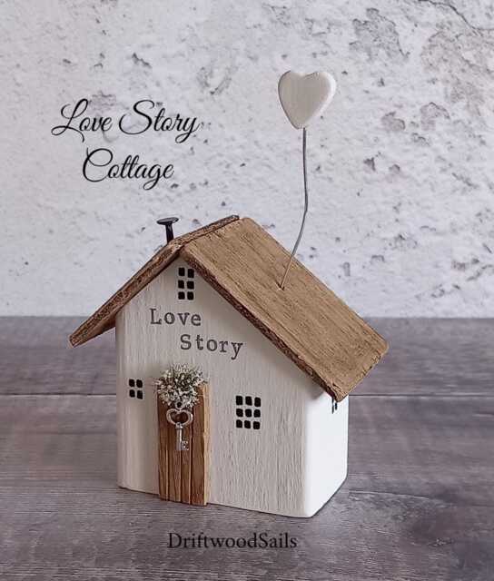 Love Story, Wooden Cottage Ornament, Driftwood House Miniature With White Clay Heart - image 1