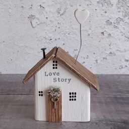 Love Story, Wooden Cottage Ornament, Driftwood House Miniature With White Clay Heart - thumbnail 2