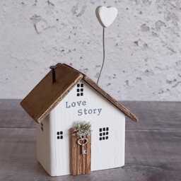 Love Story, Wooden Cottage Ornament, Driftwood House Miniature With White Clay Heart - thumbnail 3