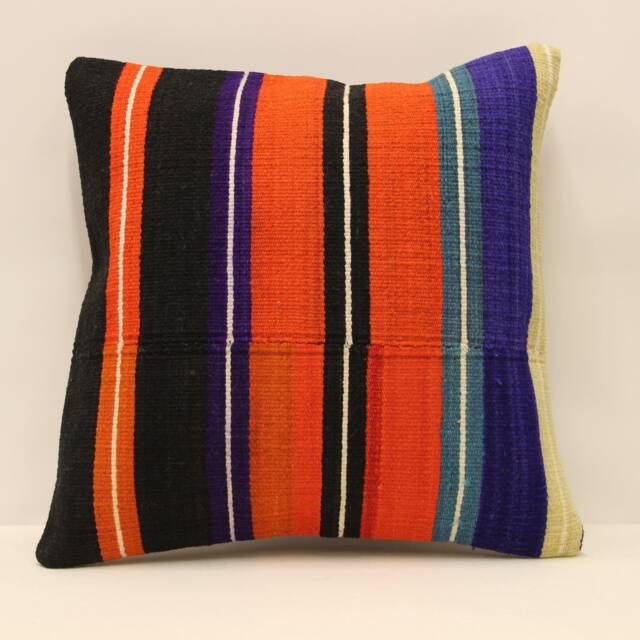 Turkish Kilim Pillow, 16x16 Bohemian Handwoven Anatolian Orange, Blue, Sofa Cushion Cover, 4Kf-422 - image 1