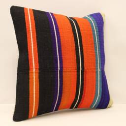 Turkish Kilim Pillow, 16x16 Bohemian Handwoven Anatolian Orange, Blue, Sofa Cushion Cover, 4Kf-422 - thumbnail 2