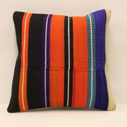 Turkish Kilim Pillow, 16x16 Bohemian Handwoven Anatolian Orange, Blue, Sofa Cushion Cover, 4Kf-422