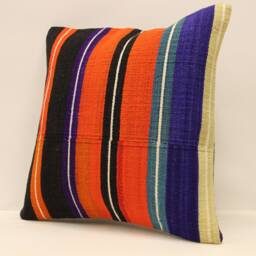 Turkish Kilim Pillow, 16x16 Bohemian Handwoven Anatolian Orange, Blue, Sofa Cushion Cover, 4Kf-422 - thumbnail 3