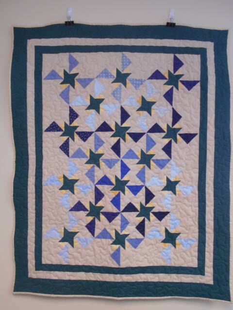"Handmade Friendship Star Throw Quilt Hunter Green & Blue Pinwheel, 40"" X 61" - image 1