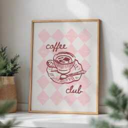 Coffee Club Kitchen Pink & Red Checkered Print , Retro Print, Girly Checked Vintage Gift For Lover - thumbnail 1