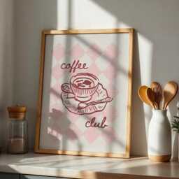Coffee Club Kitchen Pink & Red Checkered Print , Retro Print, Girly Checked Vintage Gift For Lover - thumbnail 3