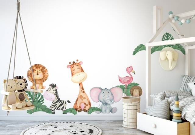 Cute Forest Animal Wall Decal - Kids Sticker With Banana Leaves - image 1