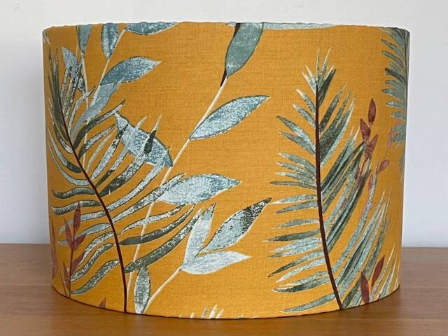 Mustard Yellow & Green Leafy Lampshade Tropical Botanical 40cm 30cm 25cm 20cm 15cm Fabric Drum Ceiling Pendant Or Table Lamp Metallic Gold - image 1