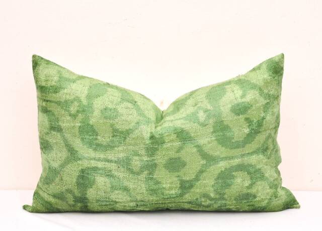 Green Silk Velvet Ikat Pillow Cover, Handmade Home Decor - image 1