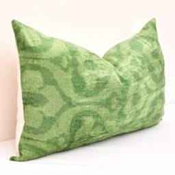 Green Silk Velvet Ikat Pillow Cover, Handmade Home Decor - thumbnail 2