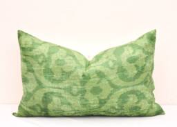 Green Silk Velvet Ikat Pillow Cover, Handmade Home Decor - thumbnail 1