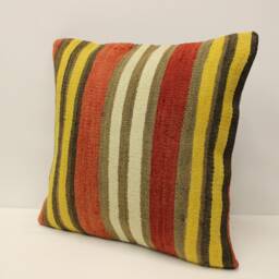 Vintage Turkish Kilim Pillow Cover, Wool Striped Cushion - 20x20 In - thumbnail 3