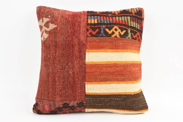 Vintage Turkish Kilim Pillow Cover Handwoven Wool Rug Cushion - 16x16 - image 1