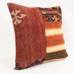 Vintage Turkish Kilim Pillow Cover Handwoven Wool Rug Cushion - 16x16 - thumbnail 3