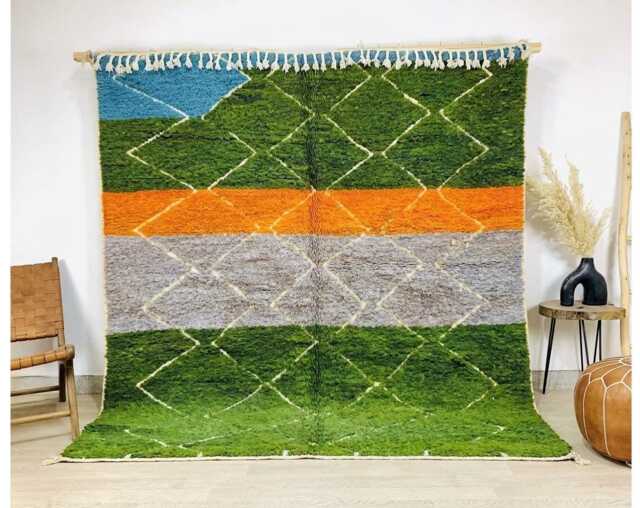 Green Orange Diamond Grid Moroccan Rug - Hand Tufted Wool Carpet Abstract Geometric Floor Art Large Living Room Area - image 1