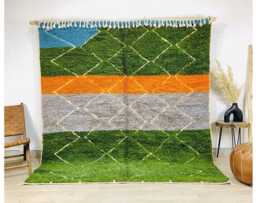 Green Orange Diamond Grid Moroccan Rug - Hand Tufted Wool Carpet Abstract Geometric Floor Art Large Living Room Area - thumbnail 1