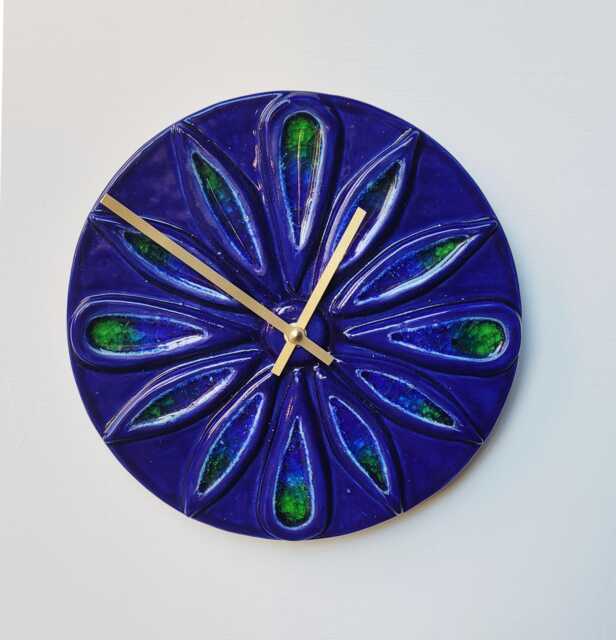 Unusual Hand Made Circular Blue Glazed Wall Clock With Inlaid Glass 25 cm Diameter - image 1