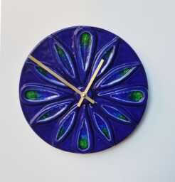 Unusual Hand Made Circular Blue Glazed Wall Clock With Inlaid Glass 25 cm Diameter