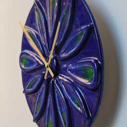 Unusual Hand Made Circular Blue Glazed Wall Clock With Inlaid Glass 25 cm Diameter - thumbnail 3