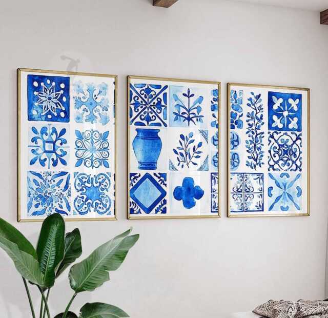 Set Of 3 Blue Tile Posters, Mediterranean Wall Art Prints, Boho Coastal Home Decor - image 1