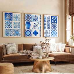 Set Of 3 Blue Tile Posters, Mediterranean Wall Art Prints, Boho Coastal Home Decor - thumbnail 2