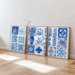 Set Of 3 Blue Tile Posters, Mediterranean Wall Art Prints, Boho Coastal Home Decor - thumbnail 3