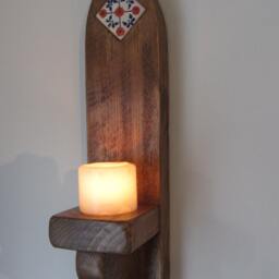 Gothic Arch Mexican Tile Sconce Rustic Reclaimed Wood Led Candle Holder - thumbnail 2