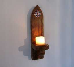 Gothic Arch Mexican Tile Sconce Rustic Reclaimed Wood Led Candle Holder - thumbnail 1