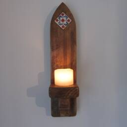 Gothic Arch Mexican Tile Sconce Rustic Reclaimed Wood Led Candle Holder - thumbnail 3