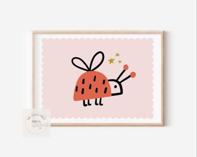 Childrens Wall Print With Scallop & Ladybird, Girls Decor, Cute Bug Decor For Childs Bedroom, Prints Only - image 1