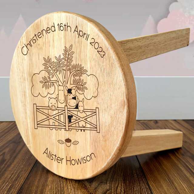 Personalised Kids Wooden Stool Farm Yard Theme For A Boy Or Girl Customised With Childs Name, Any Occasion Toddler Christening Baptism Etc - image 1