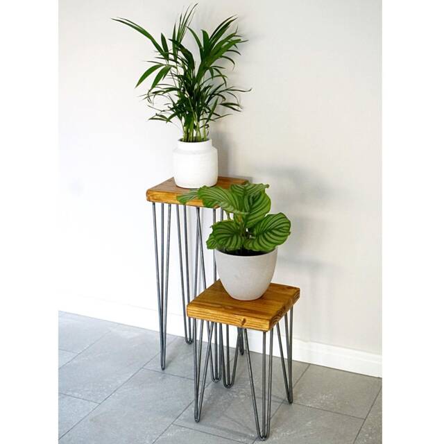 Omni Plant Stand Solid Wood Side Table With Black Hairpin Legs - image 1