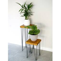 Omni Plant Stand Solid Wood Side Table With Black Hairpin Legs
