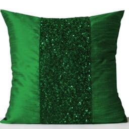 Emerald Green Sequin Bed Runner & Pillow Cover Set Faux Silk Quilt - thumbnail 3