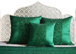 Emerald Green Sequin Bed Runner & Pillow Cover Set Faux Silk Quilt - thumbnail 1