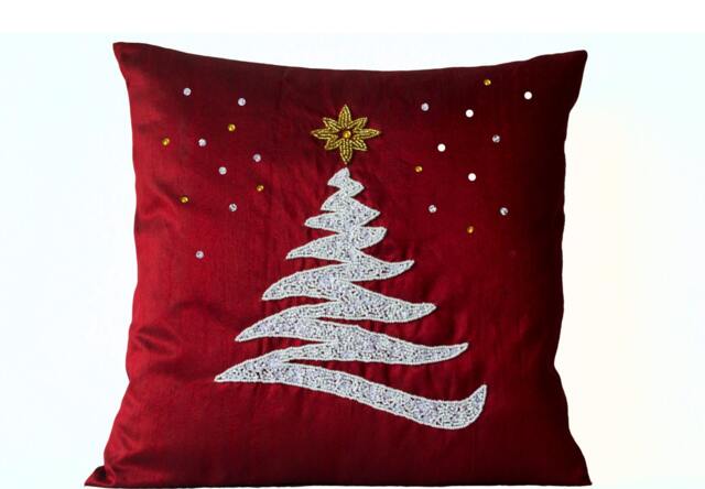 Red Dupioni Christmas Pillow Cover Beaded Tree Holiday Decor - image 1