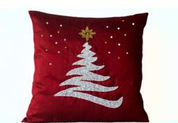 Red Dupioni Christmas Pillow Cover Beaded Tree Holiday Decor - thumbnail 1
