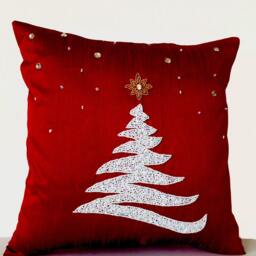 Red Dupioni Christmas Pillow Cover Beaded Tree Holiday Decor - thumbnail 2
