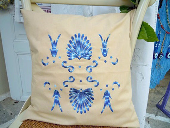 Embroidered Cushion Cover Beige Cloth, Blue Antefix Design - Greek Decor - image 1