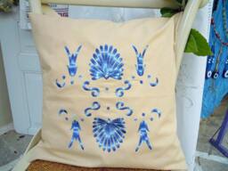 Embroidered Cushion Cover Beige Cloth, Blue Antefix Design - Greek Decor - thumbnail 1