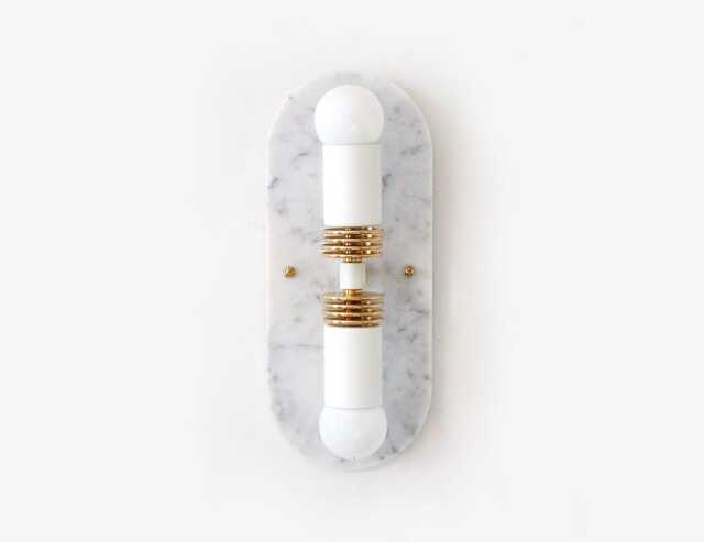 Cararra Marble Brass Double Sconce - Modern White Bathroom Vanity Light - image 1