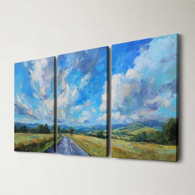 Countryside Landscape 3 Panel Split Canvas Wall Art Rolling Hills Road Abstract Oil Painting Framed Farmhouse Rustic Home Decor Gift - image 1