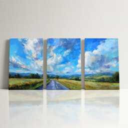 Countryside Landscape 3 Panel Split Canvas Wall Art Rolling Hills Road Abstract Oil Painting Framed Farmhouse Rustic Home Decor Gift - thumbnail 3