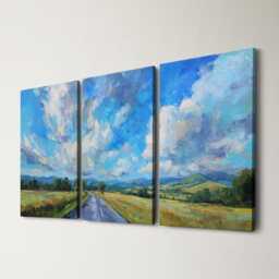 Countryside Landscape 3 Panel Split Canvas Wall Art Rolling Hills Road Abstract Oil Painting Framed Farmhouse Rustic Home Decor Gift - thumbnail 1